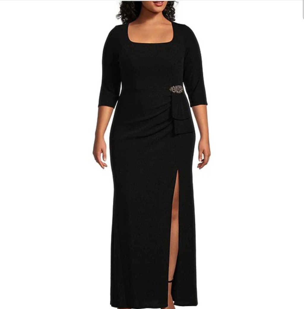 Alex Evenings Plus Size Scoop Neck 3/4 Sleeve Hip Embellishment Front Slit Gown